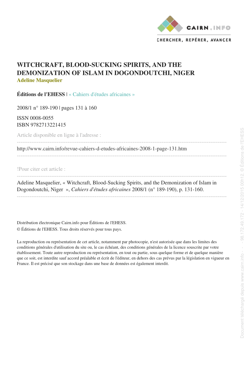 Pdf Witchcraft Blood Sucking Spirits And The Demonization Of Islam In Dogondoutchi Niger Sorcellerie Esprits Suceurs De Sang Et Diabolisation De L Islam A Dogondoutchi Niger