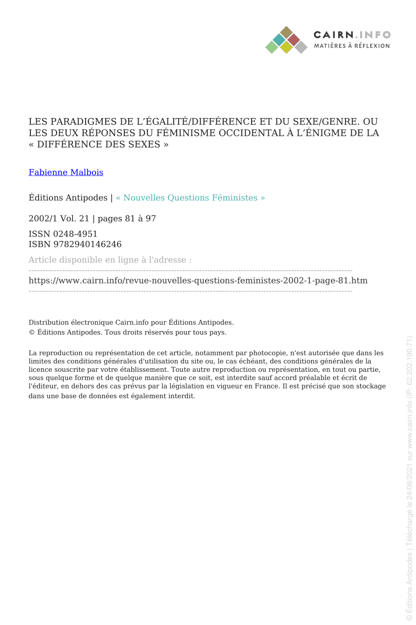 Pdf Les Paradigmes De Légalitédifférence Et Du Sexegenre Ou Les Deux Réponses Du Féminisme 