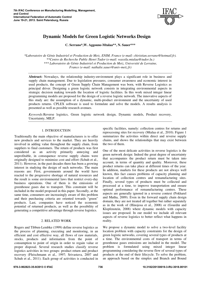 Pdf Dynamic Models For Green Logistic Networks Design