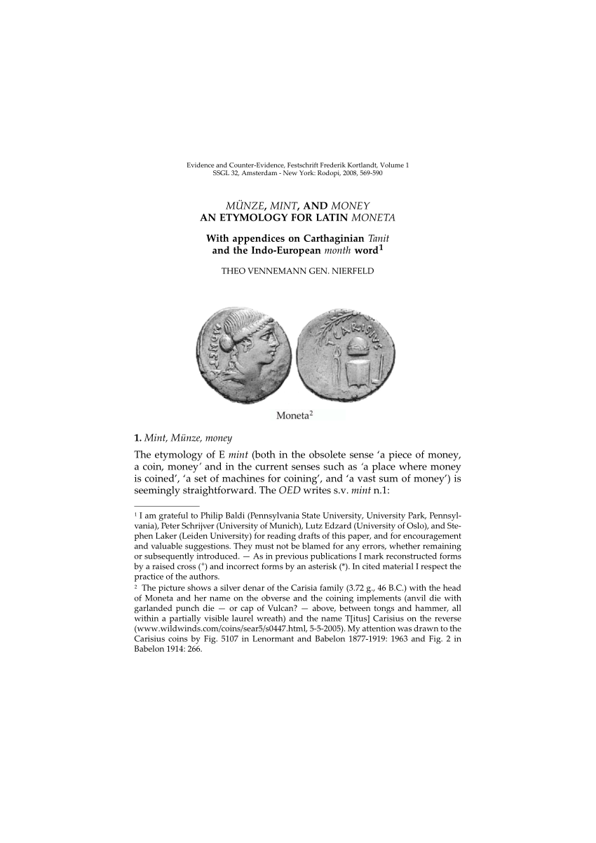 Pdf Munze Mint And Money An Etymology For Latin Moneta With Appendices On Carthaginian Tanit And The Indo European Month Word