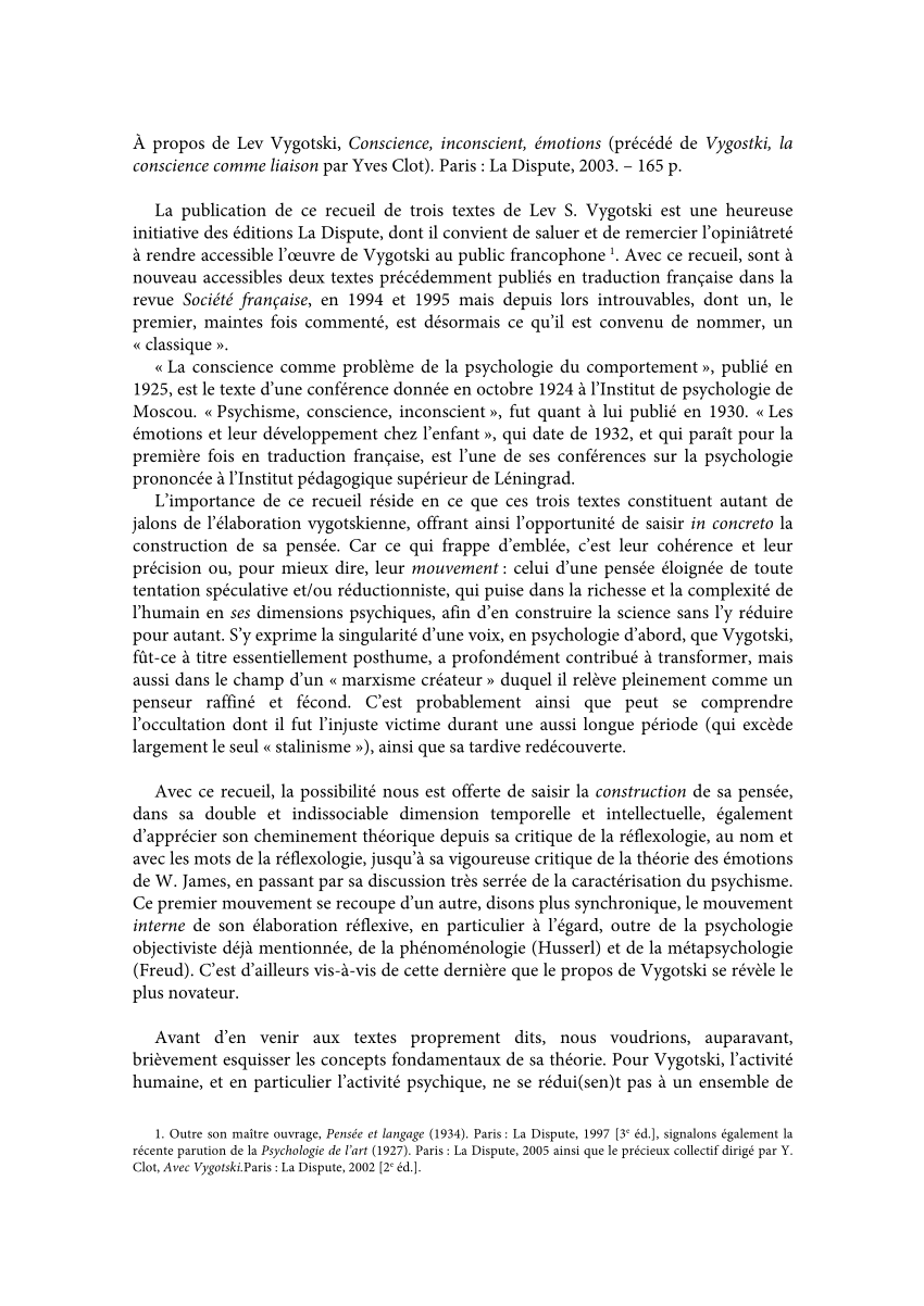 Pdf Conscience Inconscient Emotions Precede De Vygostki La Conscience Comme Liaison By Lev Vygotski Yves Clot