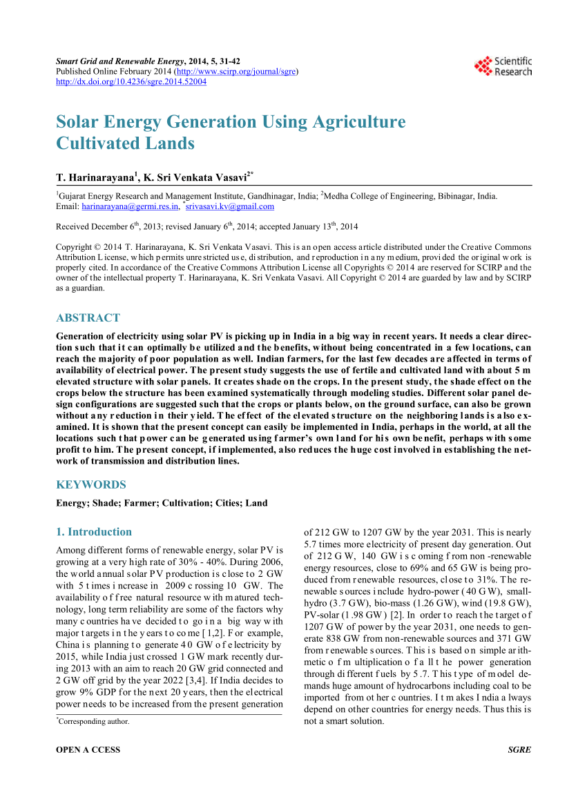 Pdf Solar Energy Generation Using Agriculture Cultivated Lands