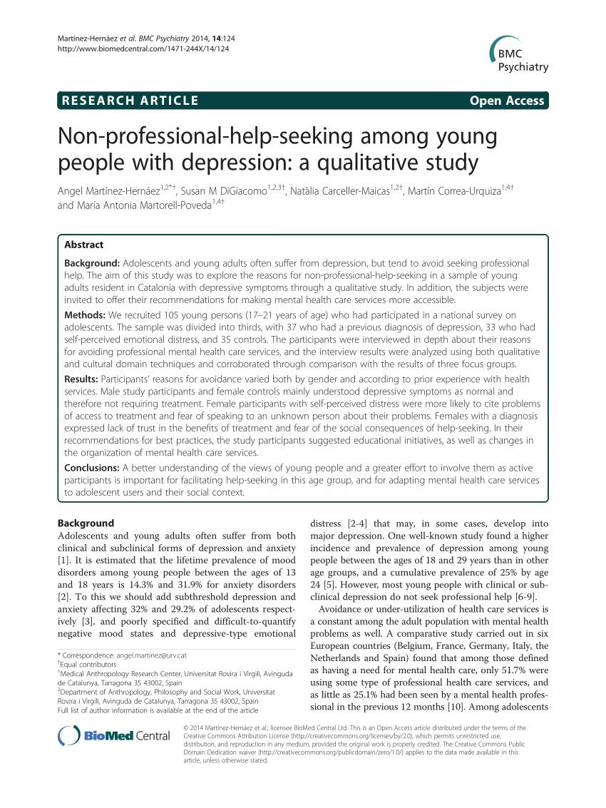 Pdf Non Professional Help Seeking Among Young People With Depression A Qualitative Study