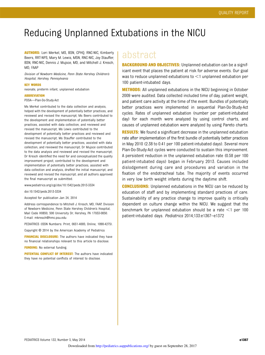 Pdf Reducing Unplanned Extubations In The Nicu