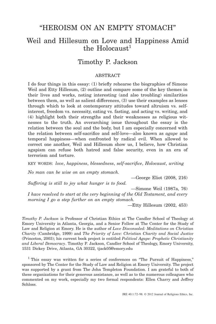 PDF) Heroism on an empty stomach: Weil and Hillesum on love and happiness  amid the holocaust