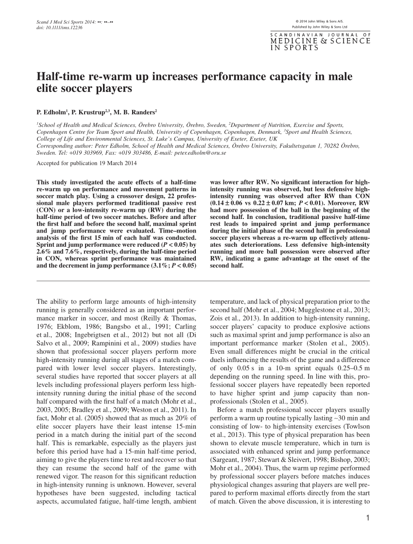 Pdf Half Time Re Warm Up Increases Performance Capacity In Male Elite Soccer Players