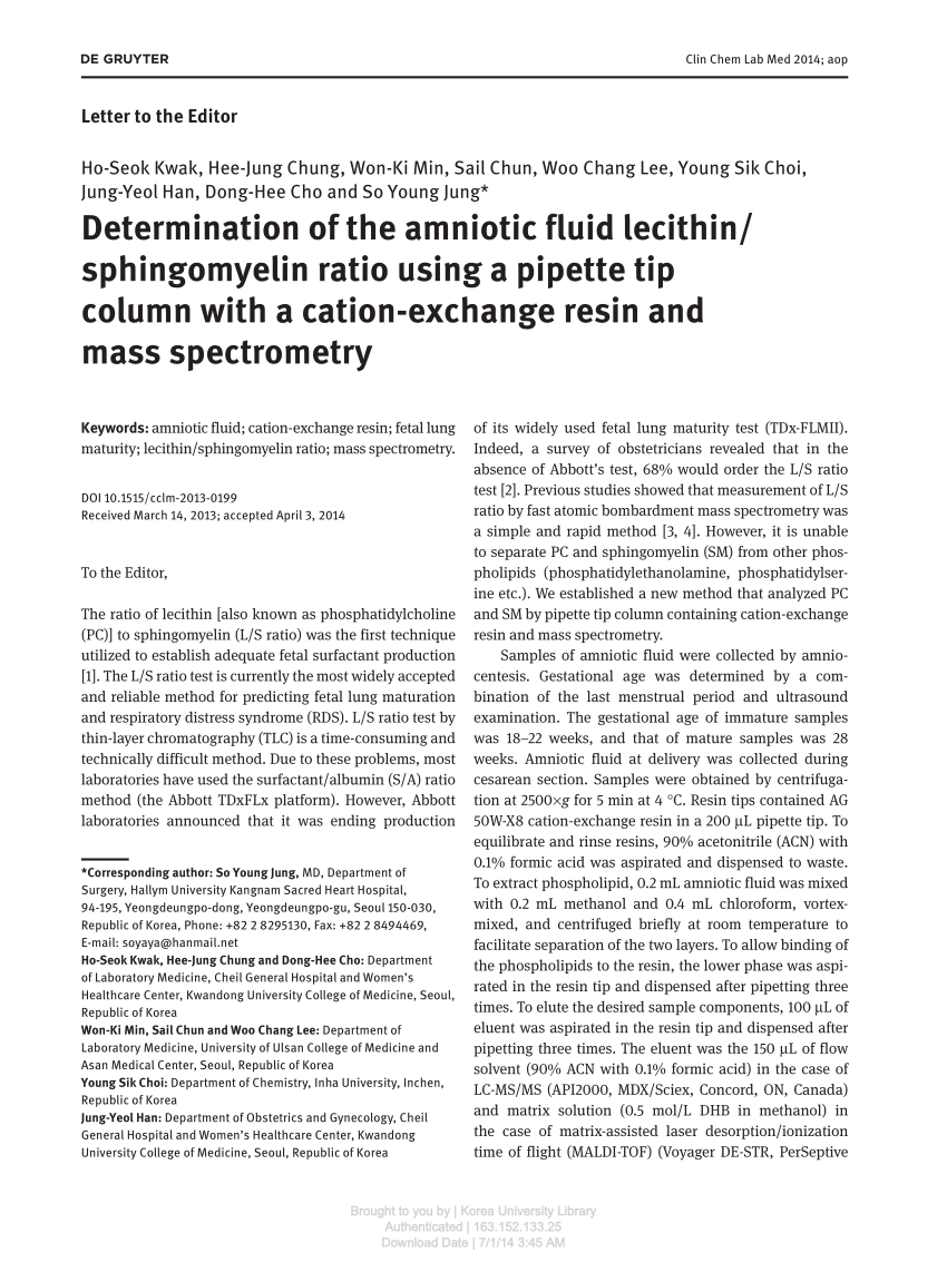 (PDF) Determination of the amniotic fluid lecithin/sphingomyelin ratio