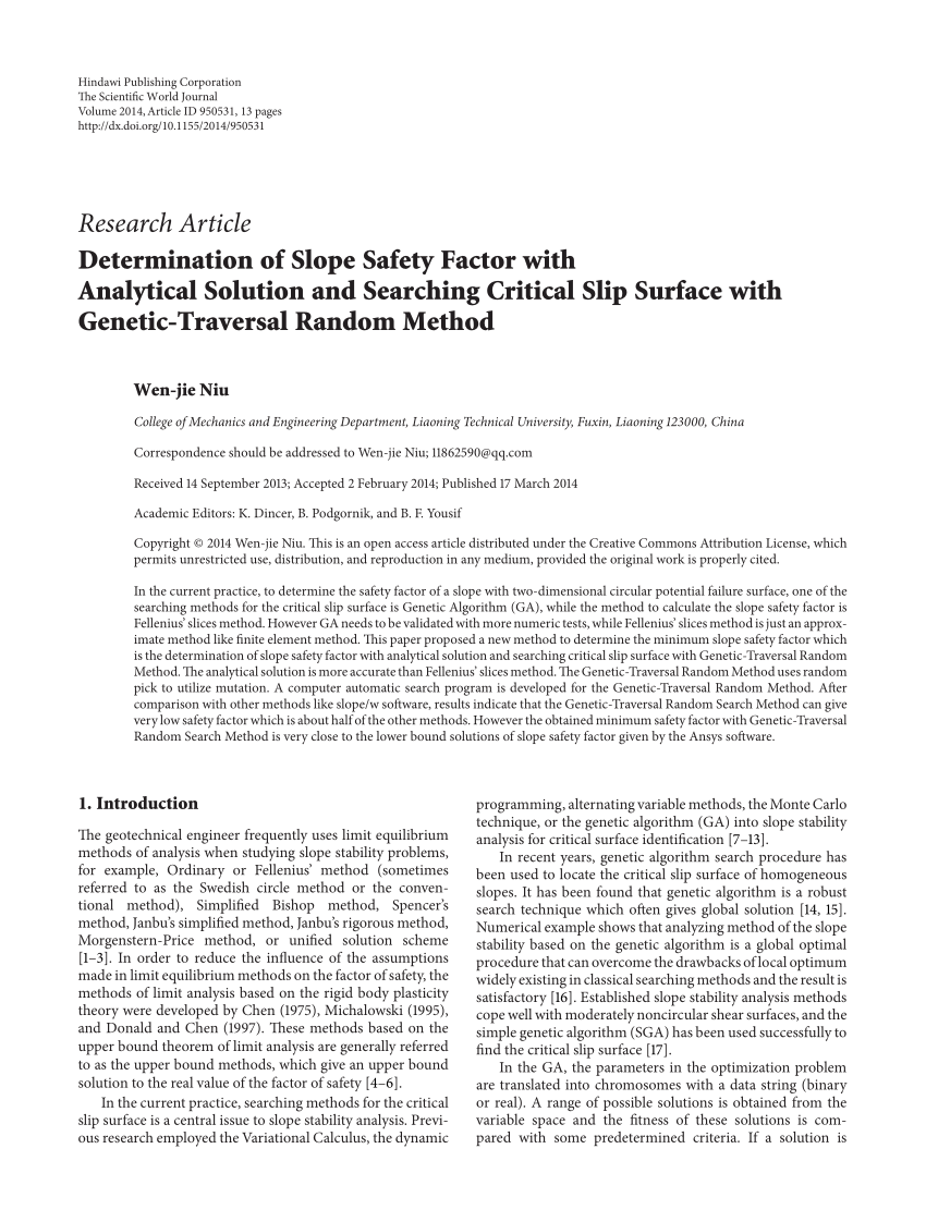 (PDF) Determination of Slope Safety Factor with Analytical Solution and  Searching Critical Slip Surface with Genetic-Traversal Random Method