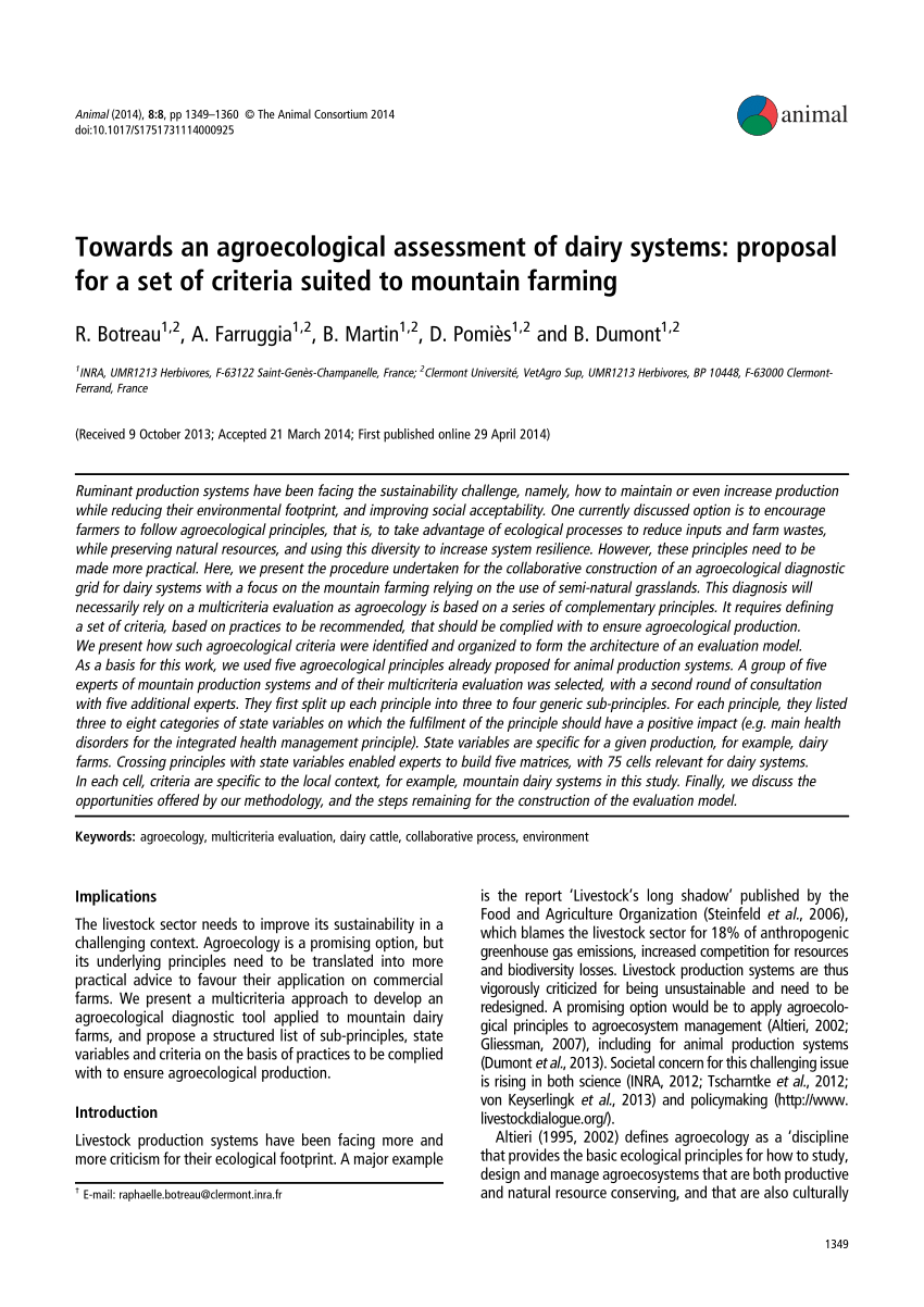 Pdf Towards An Agroecological Assessment Of Dairy Systems Proposal For A Set Of Criteria Suited To Mountain Farming