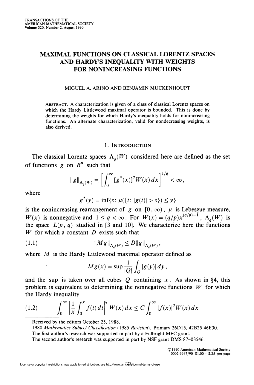 Pdf Maximal Functions On Classical Lorentz Spaces And Hardy S Inequality With Weights For Nonincreasing Functions