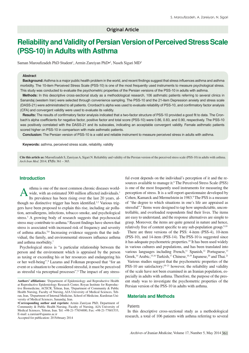 Pdf Reliability And Validity Of Persian Version Of Perceived Stress Scale Pss 10 In Adults 4478