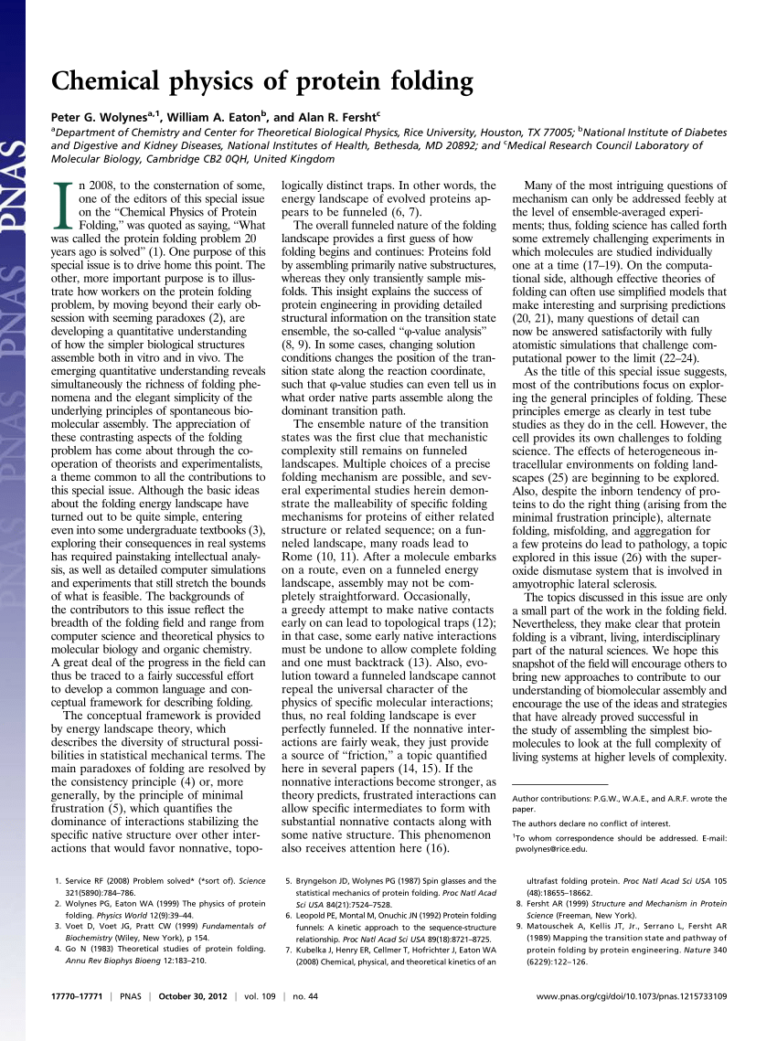 PDF) Chemical physics of protein folding