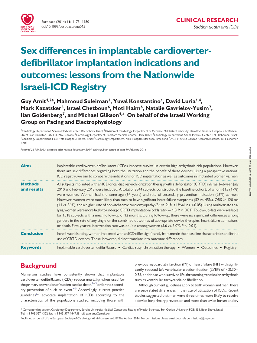Pdf Sex Differences In Implantable Cardioverter Defibrillator Implantation Indications And 