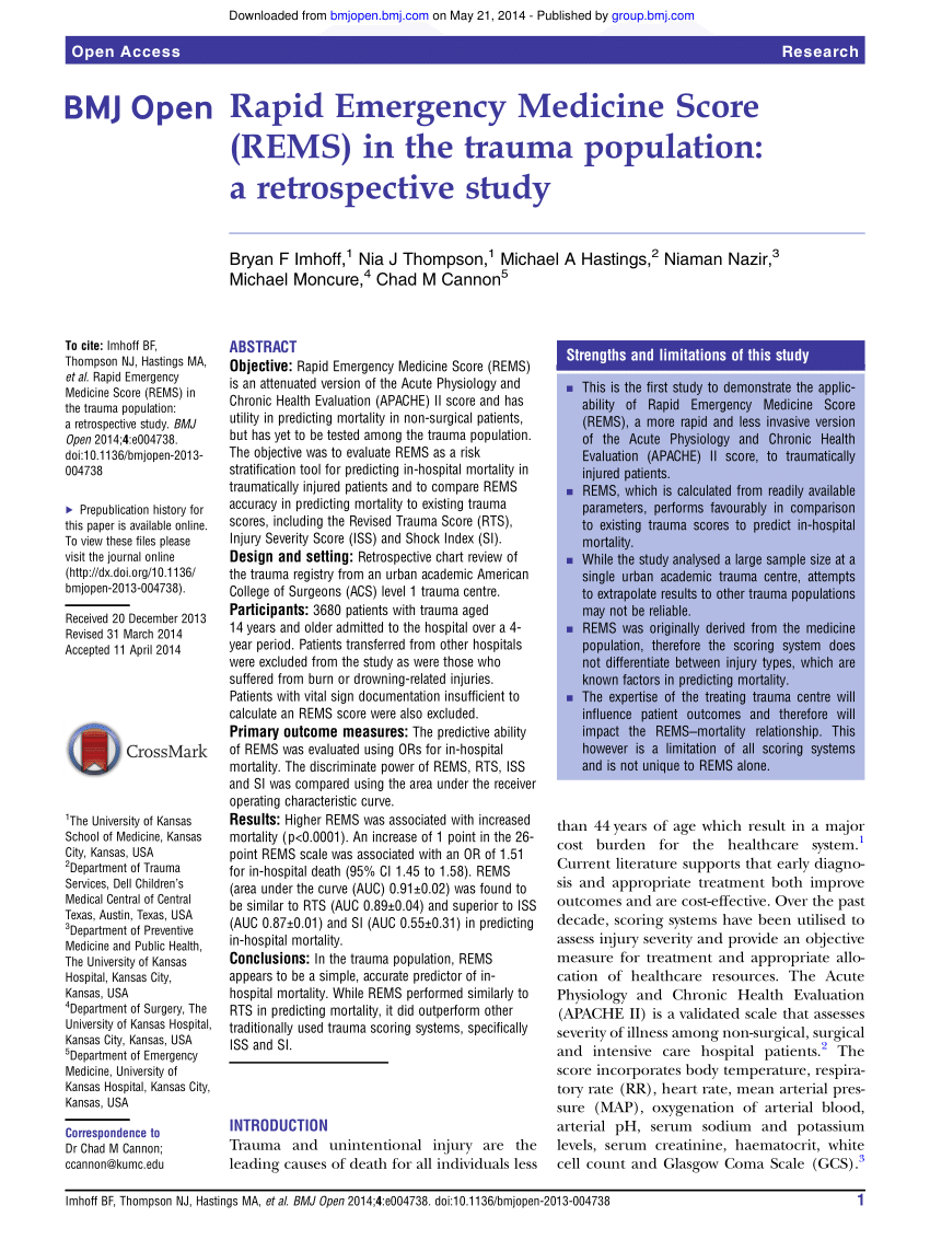 (PDF) Rapid Emergency Medicine Score (REMS) in the trauma population A