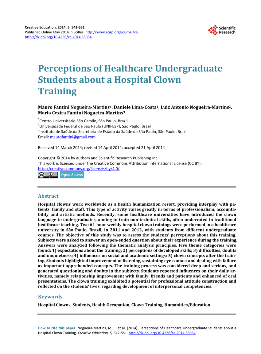 Pdf Perceptions Of Healthcare Undergraduate Students About A Hospital Clown Training