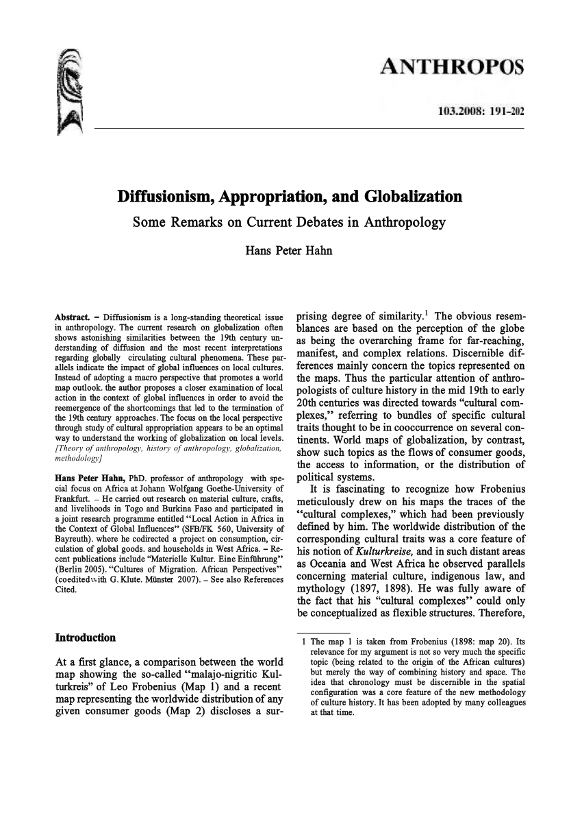 Pdf Diffusionism Appropriation And Globalization Some Remarks On Current Debates In Anthropology