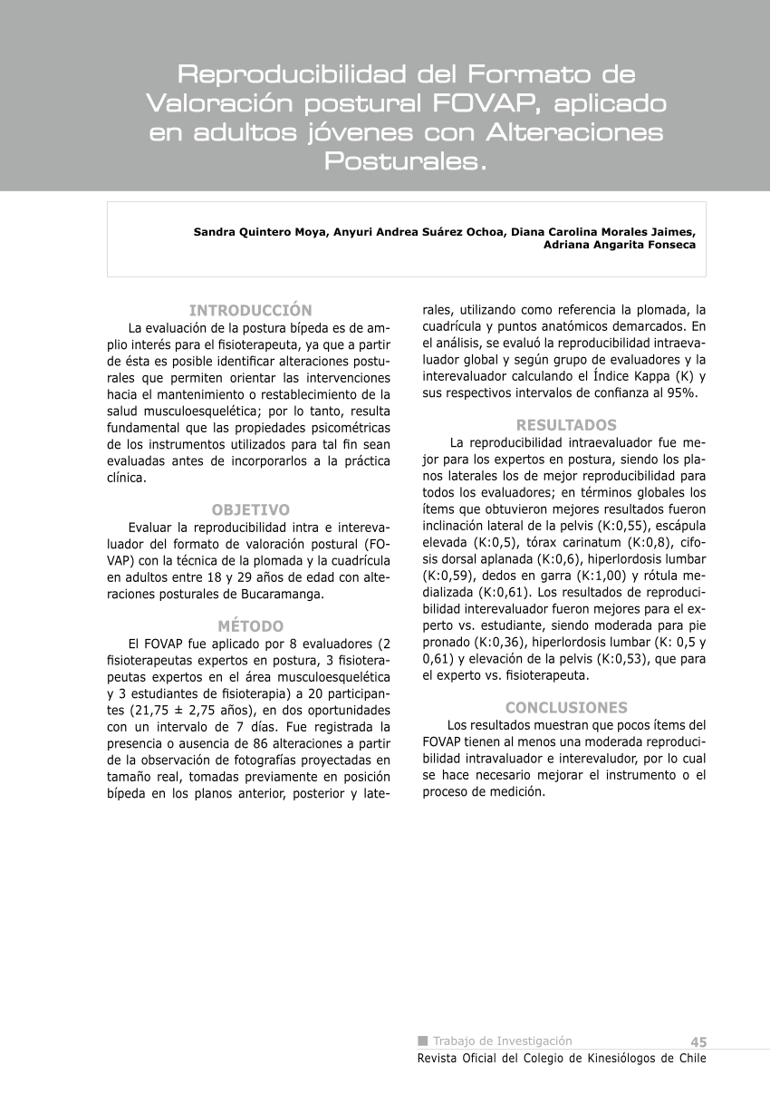 reserva Negrita carpintero PDF) Reproducibilidad del Formato de Valoración postural FOVAP, aplicado en  adultos jóvenes con Alteraciones Posturales.