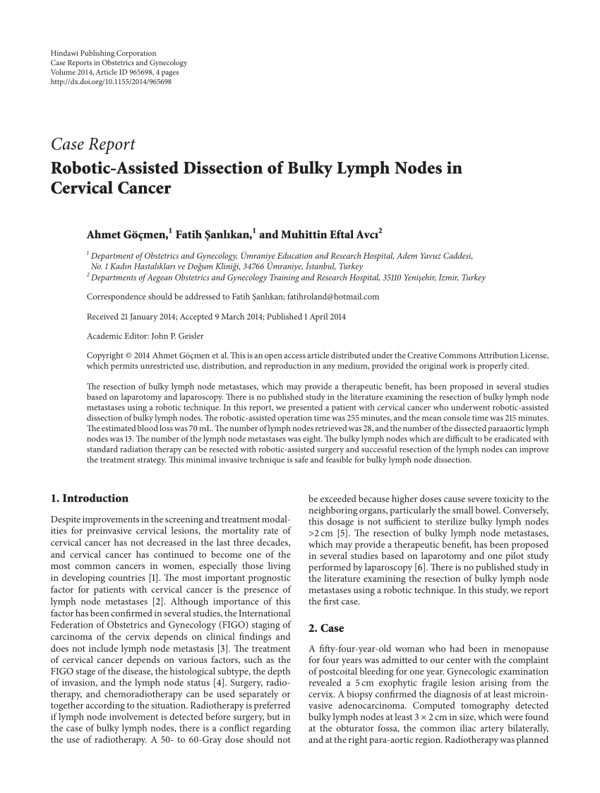 Pdf Robotic Assisted Dissection Of Bulky Lymph Nodes In Cervical Cancer