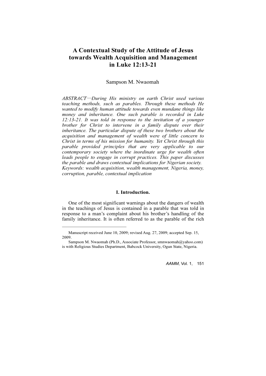 Pdf A Contextual Study Of The Attitude Of Jesus Towards Wealth Acquisition And Management In Luke 12 13 21