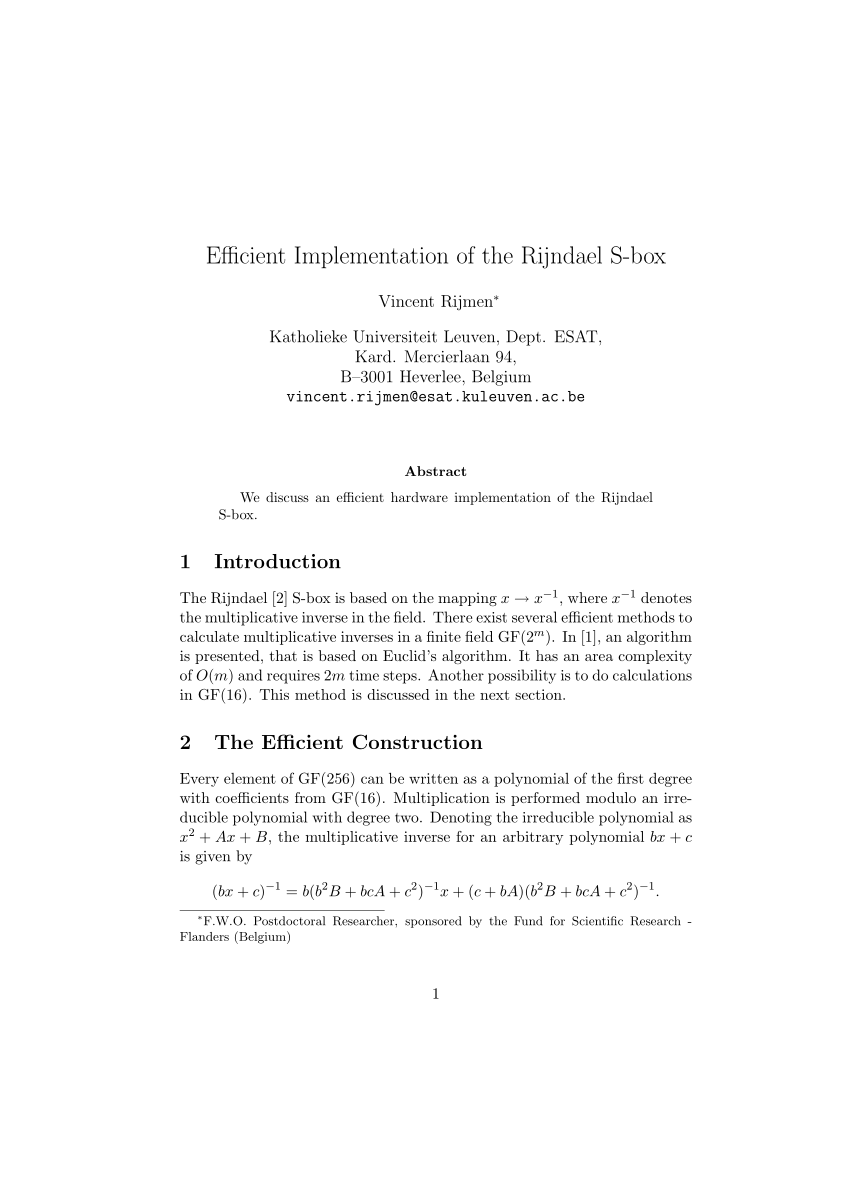 Pdf Efficient Implementation Of The Rijndael S Box