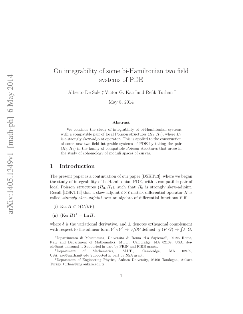 Pdf On Integrability Of Some Bi Hamiltonian Two Field Systems Of Pde