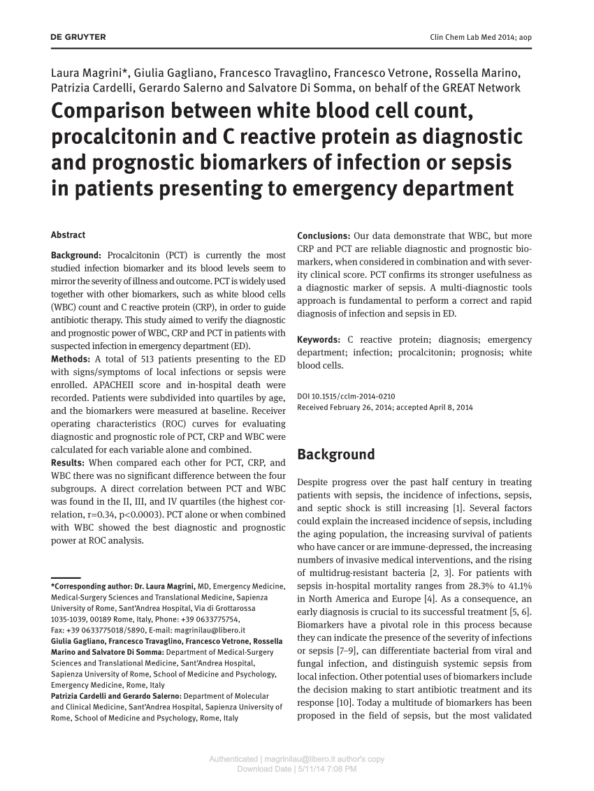 Pdf Comparison Between White Blood Cell Count Procalcitonin And C