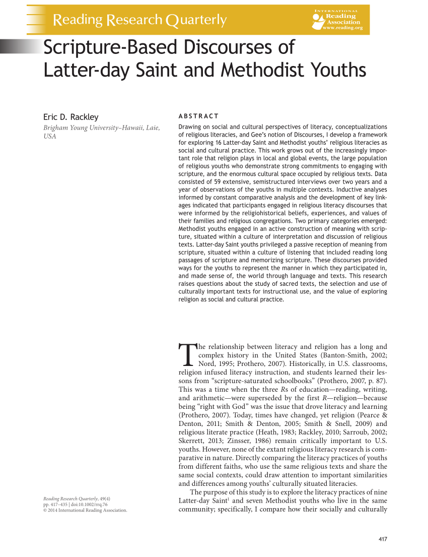Pdf Scripture Based Discourses Of Latter Day Saint And Methodist Youths