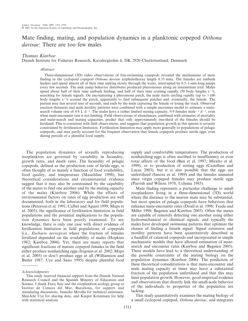 Pdf Mate Finding Mating And Population Dynamics In A Planktonic Copepod Oithona Davisae 7610