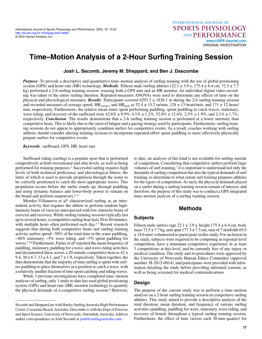 (PDF) Time Motion Analysis of a Two Hour Surfing Training Session