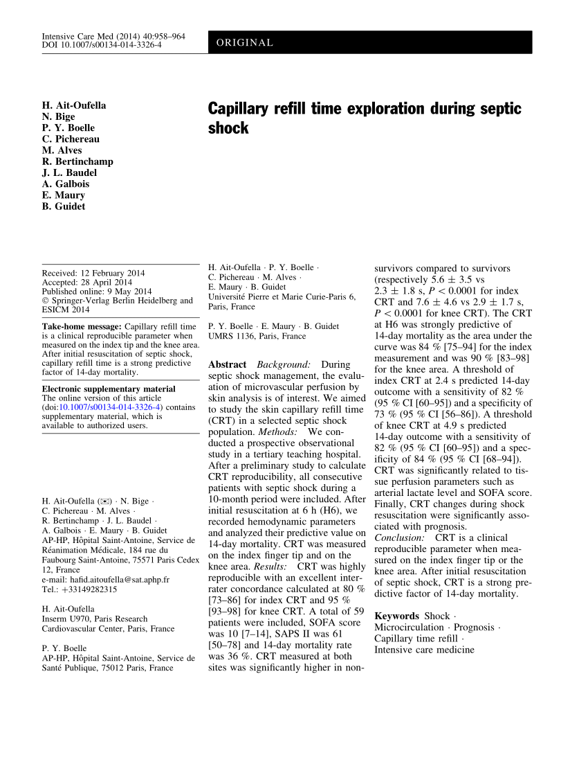 Pdf Capillary Refill Time Exploration During Septic Shock