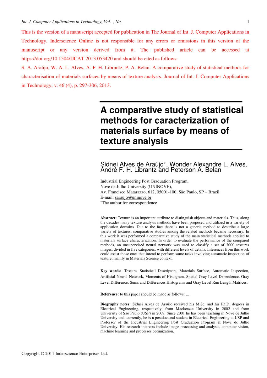 Pdf A Comparative Study Of Statistical Methods For Characterisation Of Materials Surfaces By Means Of Texture Analysis