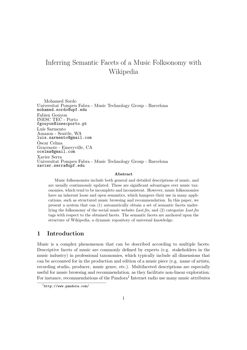 Pdf Inferring Semantic Facets Of A Music Folksonomy With Wikipedia