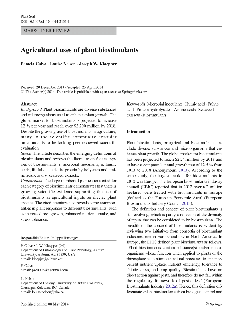 Pdf Agricultural Uses Of Plant Biostimulants
