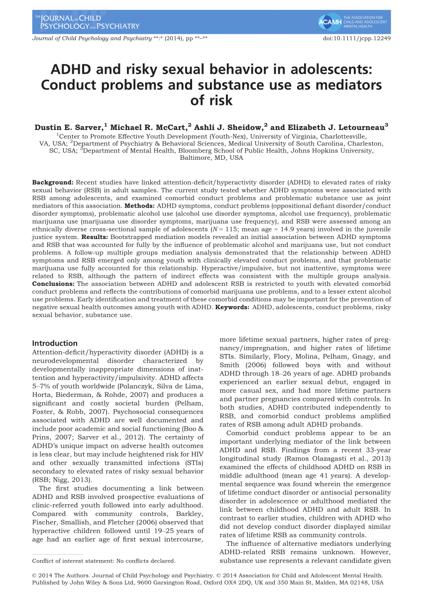 Pdf Adhd And Risky Sexual Behavior In Adolescents Conduct Problems