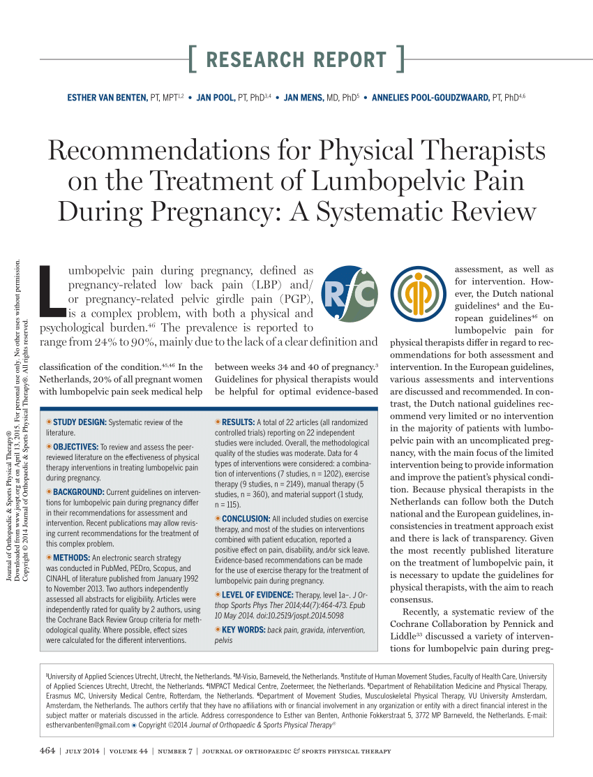 Pdf Recommendations For Physical Therapists On The Treatment Of Lumbopelvic Pain During Pregnancy A Systematic Review