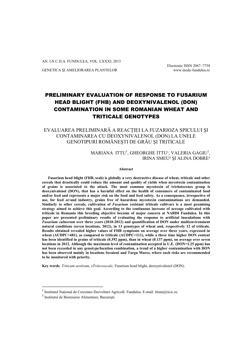 Pdf Preliminary Evaluation Of Response To Fusarium Head Blight