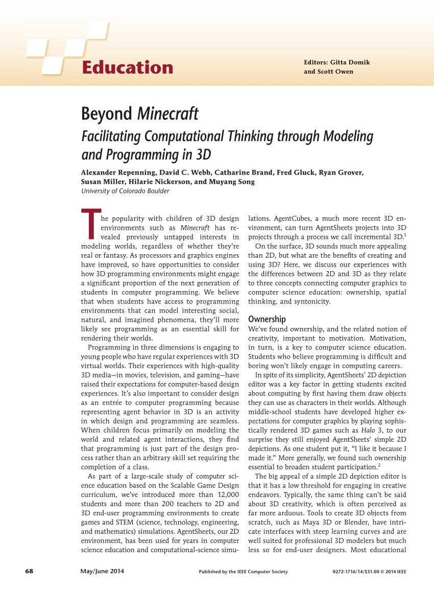 Pdf Beyond Minecraft Facilitating Computational Thinking Through Modeling And Programming In 3d