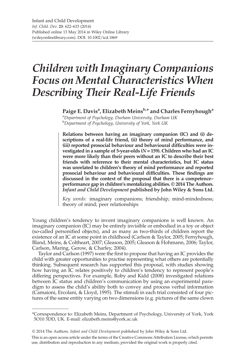 Pdf Children With Imaginary Companions Focus On Mental Characteristics When Describing Their Real Life Friends