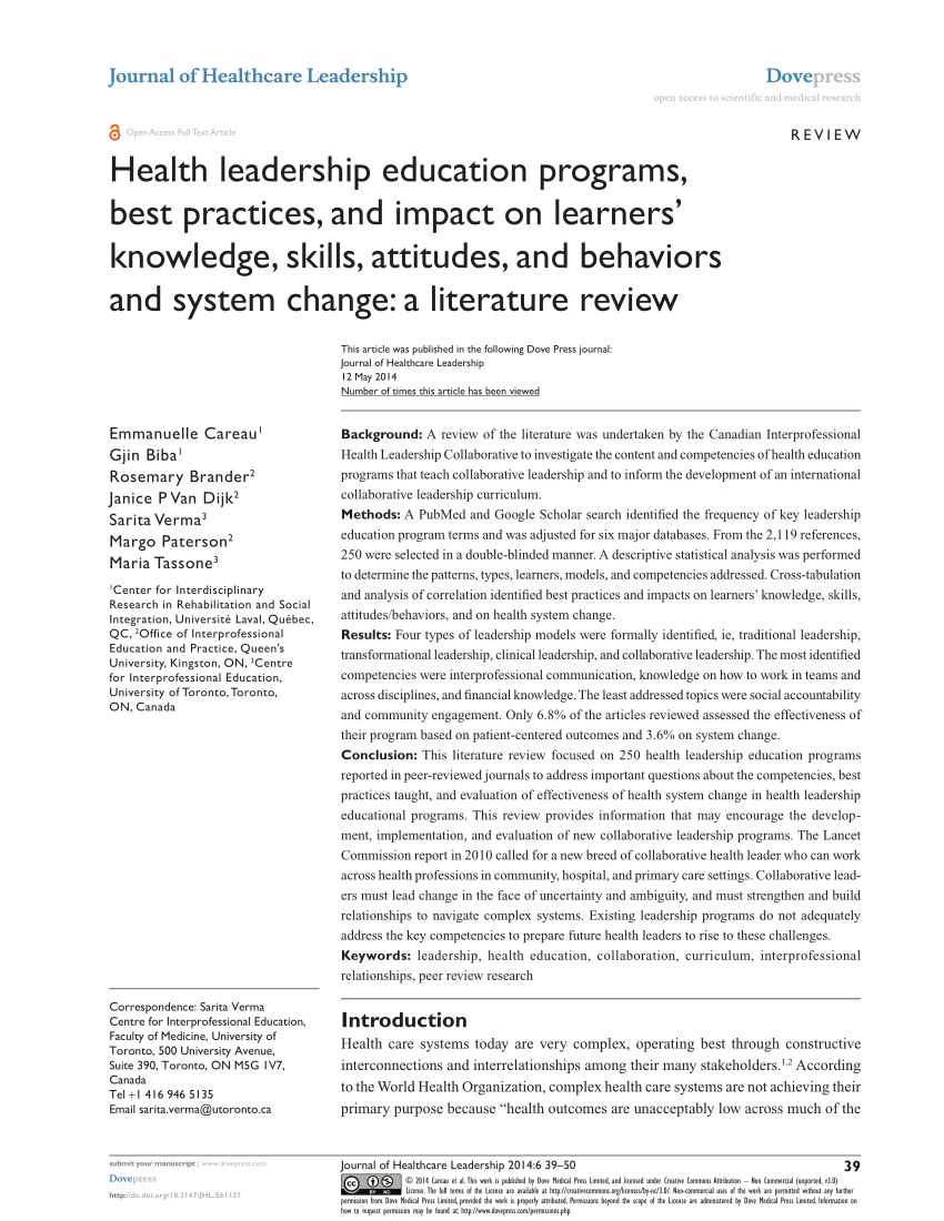 literature review on leadership in healthcare management