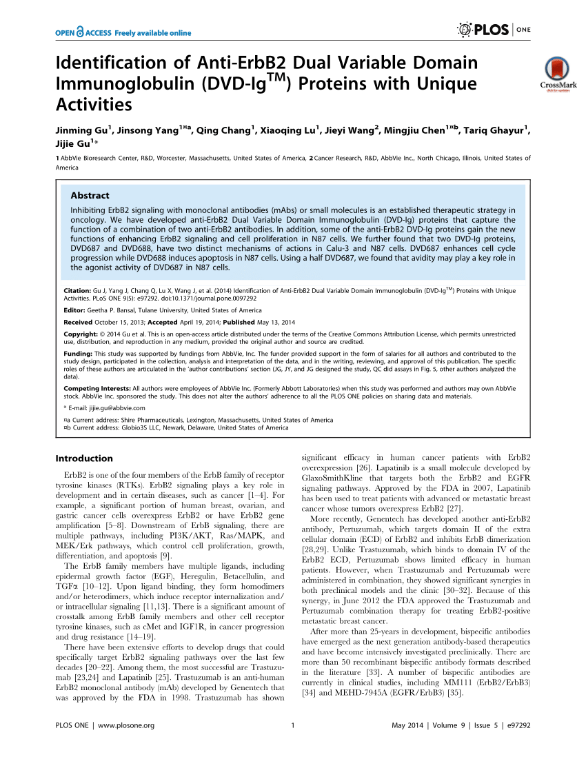 Pdf Identification Of Anti Erbb2 Dual Variable Domain Immunoglobulin Dvd Ig Proteins With Unique Activities