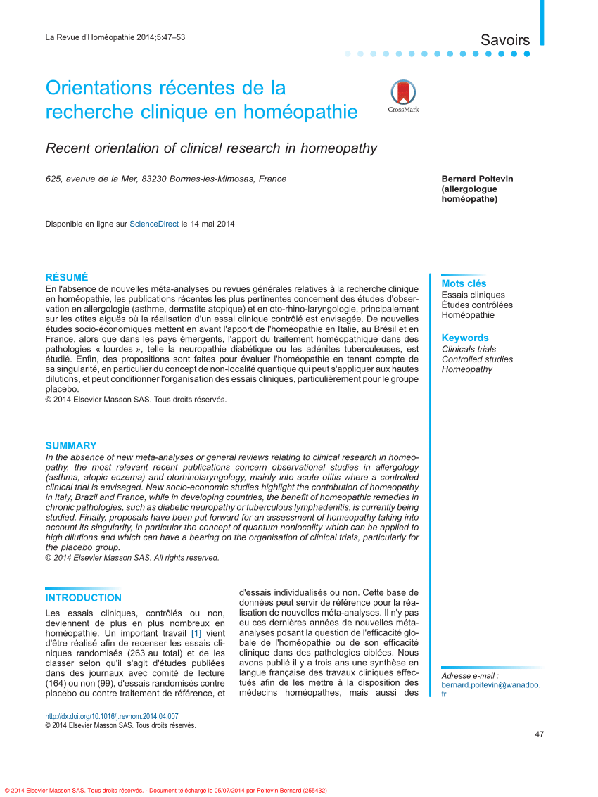 Pdf Orientations Recentes De La Recherche Clinique En Homeopathie