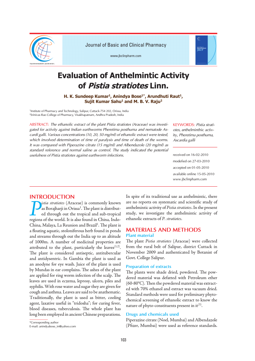 evaluation of anthelmintic agents