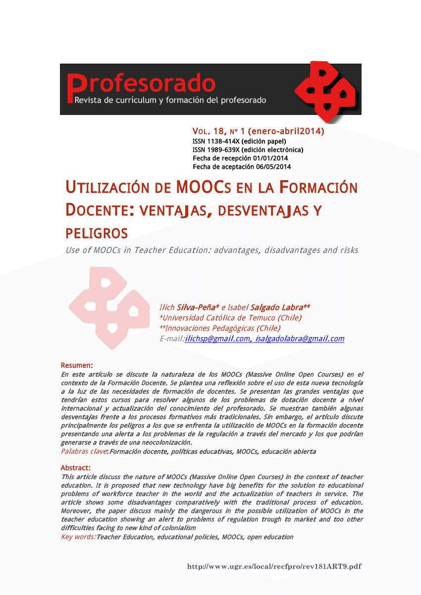 PDF) Utilización de MOOCs en la Formación Docente: Ventajas, desventajas y  peligros.