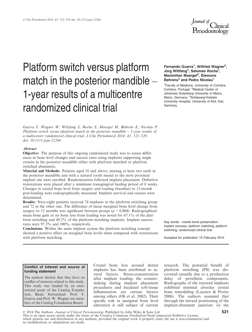 Pdf Platform Switch Versus Platform Match In The Posterior Mandible 1 Year Results Of A Multicentre Randomized Clinical Trial