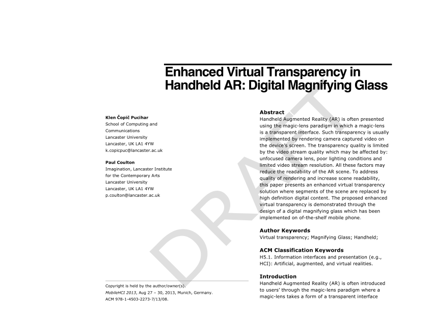 PDF) Enhanced virtual transparency in handheld ar: digital magnifying glass