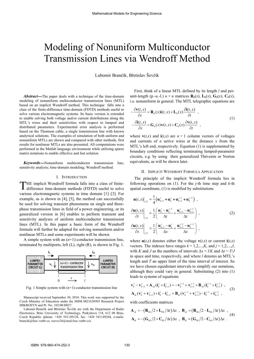 Pdf Modeling Of Nonuniform Multiconductor Transmission Lines Via Wendroff Method