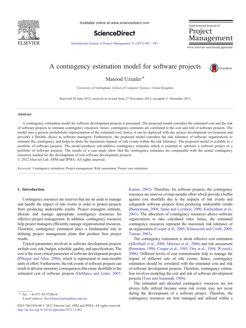 PDF A Contingency Estimation Model for Software Projects