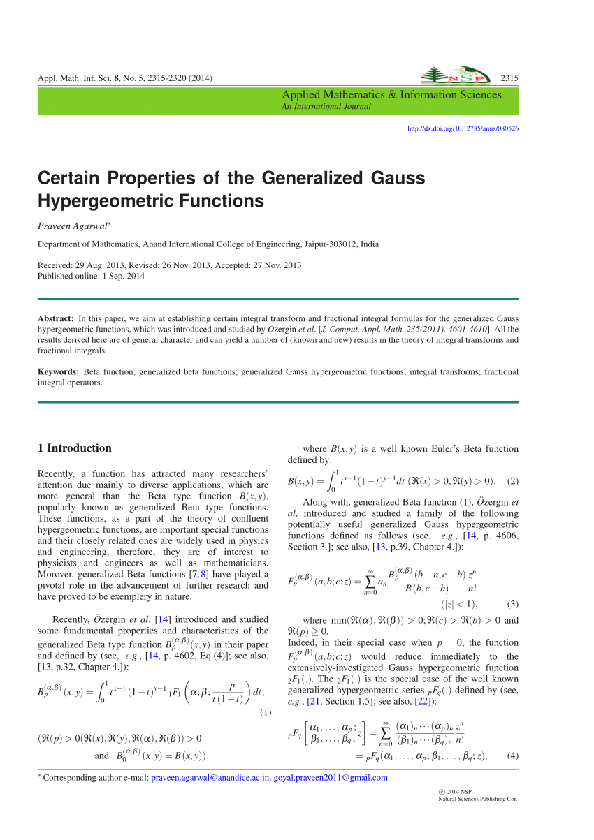 Pdf Certain Properties Of The Generalized Gauss Hypergeometric Functions