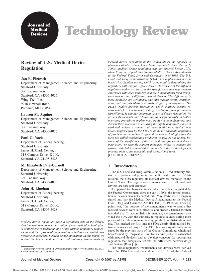 PDF) Review of U.S. Medical Device Regulation