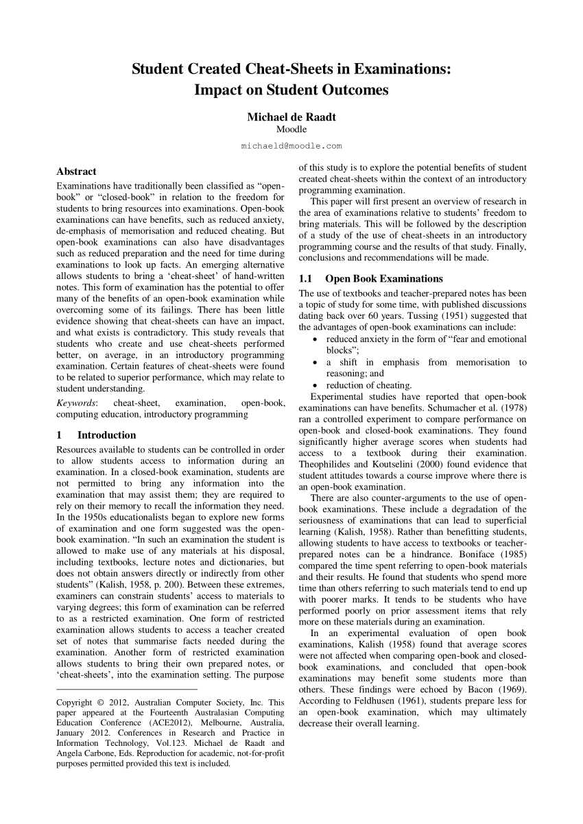 Pdf Student Created Cheat Sheets In Examinations Impact On